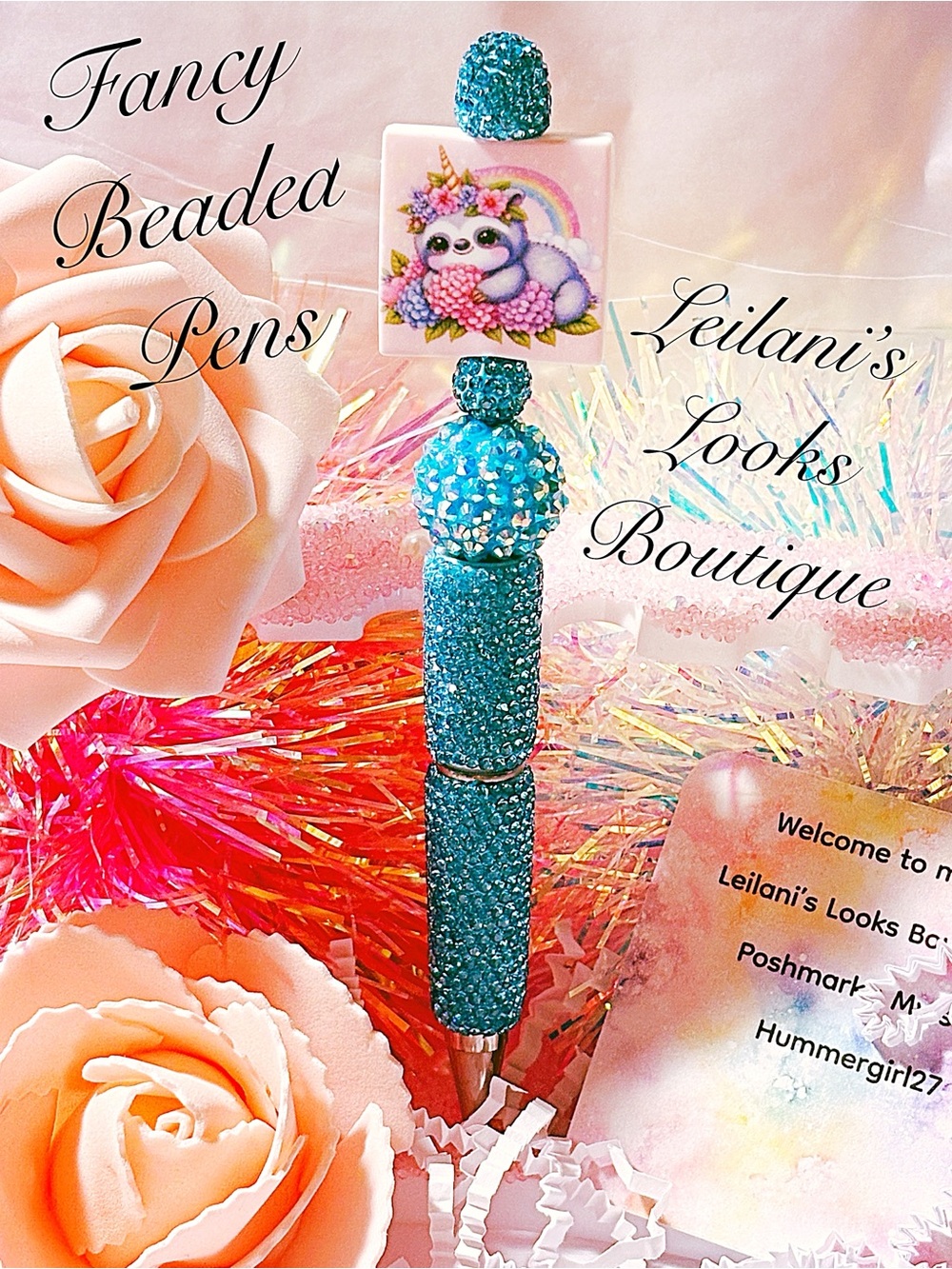 Turquoise Beaded Fancy Pen/sloth/turquoise beads/girly